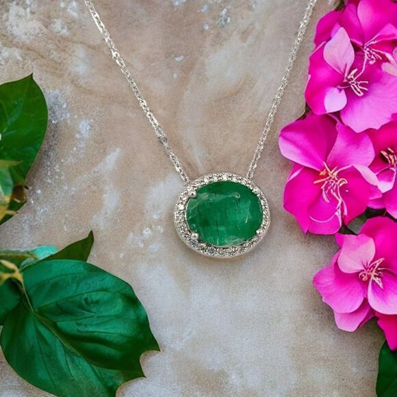 Natural Emerald Diamond Pendant Necklace 15" 14k WG 4.06 TCW Certified 215626 - Picture 3 of 11
